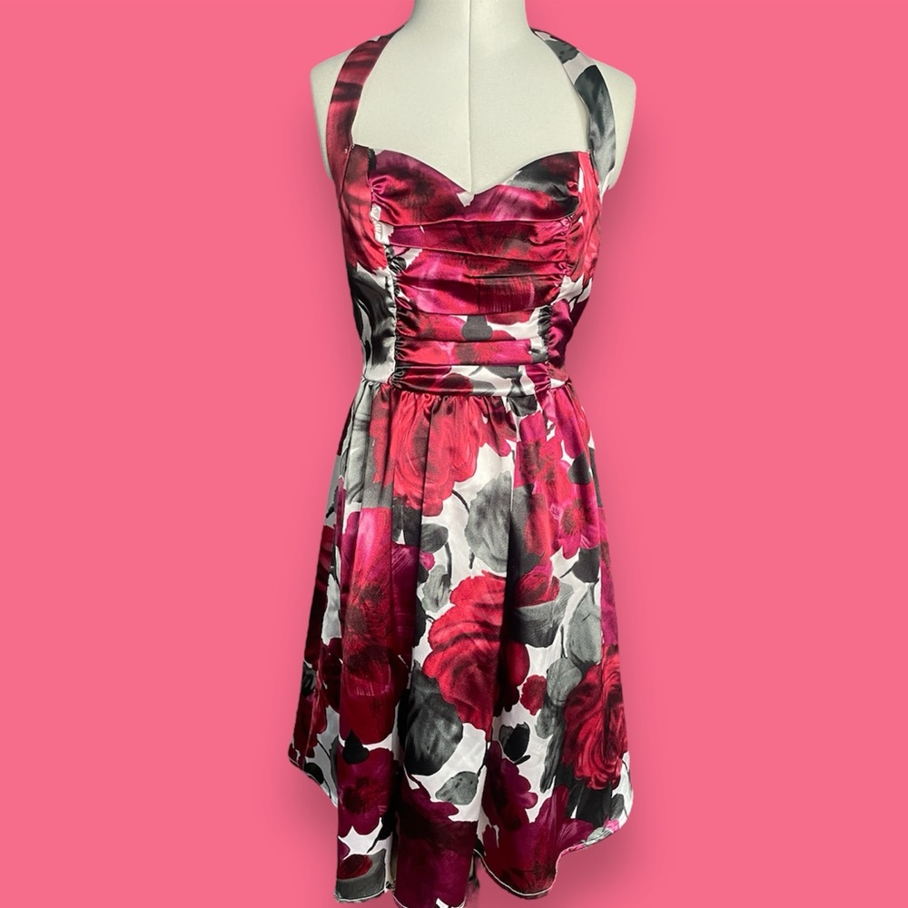 Vintage Y2K Ruby Rox shiny tulle Halter floral dress size 2 / 3